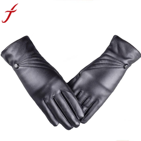 Winter Super Warm Gloves Women Girl Leather Cashmere Black Gloves #LYW