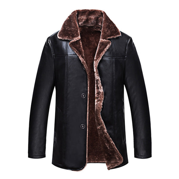 New Winter Simple Mens Faux Fur Coats Black PU Leather Jackets Bussiness Windproof Warm Coat For Male