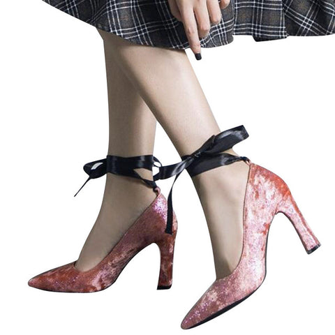 Elegant Lady's Thick Heel Pumps - Ribbon Tie Flock Vamp