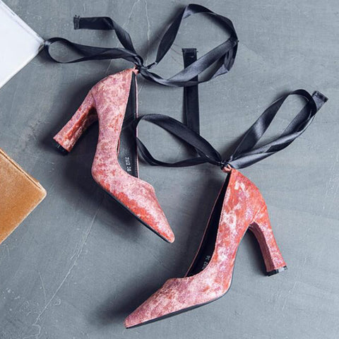 Elegant Lady's Thick Heel Pumps - Ribbon Tie Flock Vamp