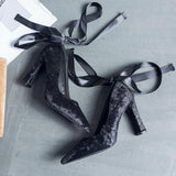 Elegant Lady's Thick Heel Pumps - Ribbon Tie Flock Vamp - Offy'z6